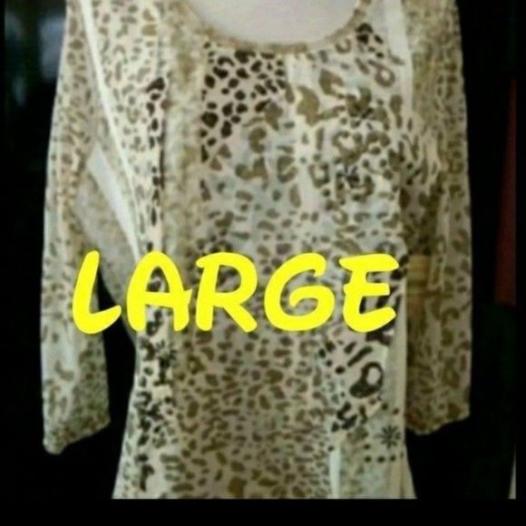 LEOPARD PRINT TOP KNIT 3/4 SLEEVE BEADED WHITE BEIGE L WOMENS LARGE NWT - Picture 3 of 7